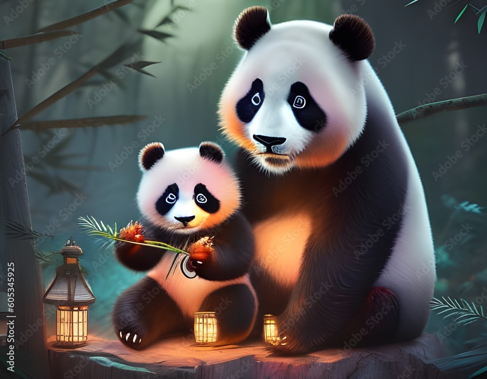 Naklejka premium giant panda with baby eating bamboo in a foggy forrest