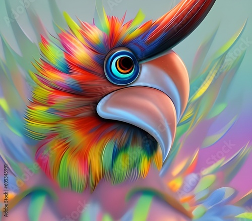 portrait of a fantasy bird, with colourful feathers and beak, photorealistic style photo