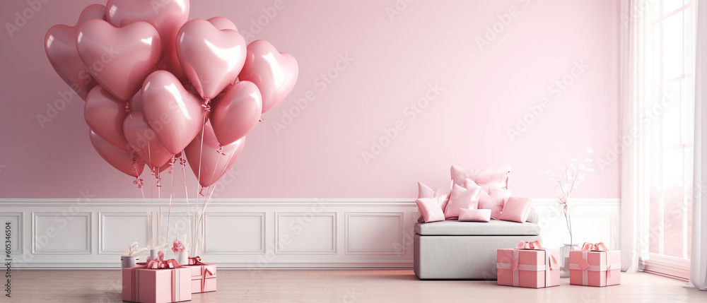 pink balloon heart shape in pink studio with gift boxes, Generative AI pink balloon heart shape in pink studio with gift boxes, Generative AI