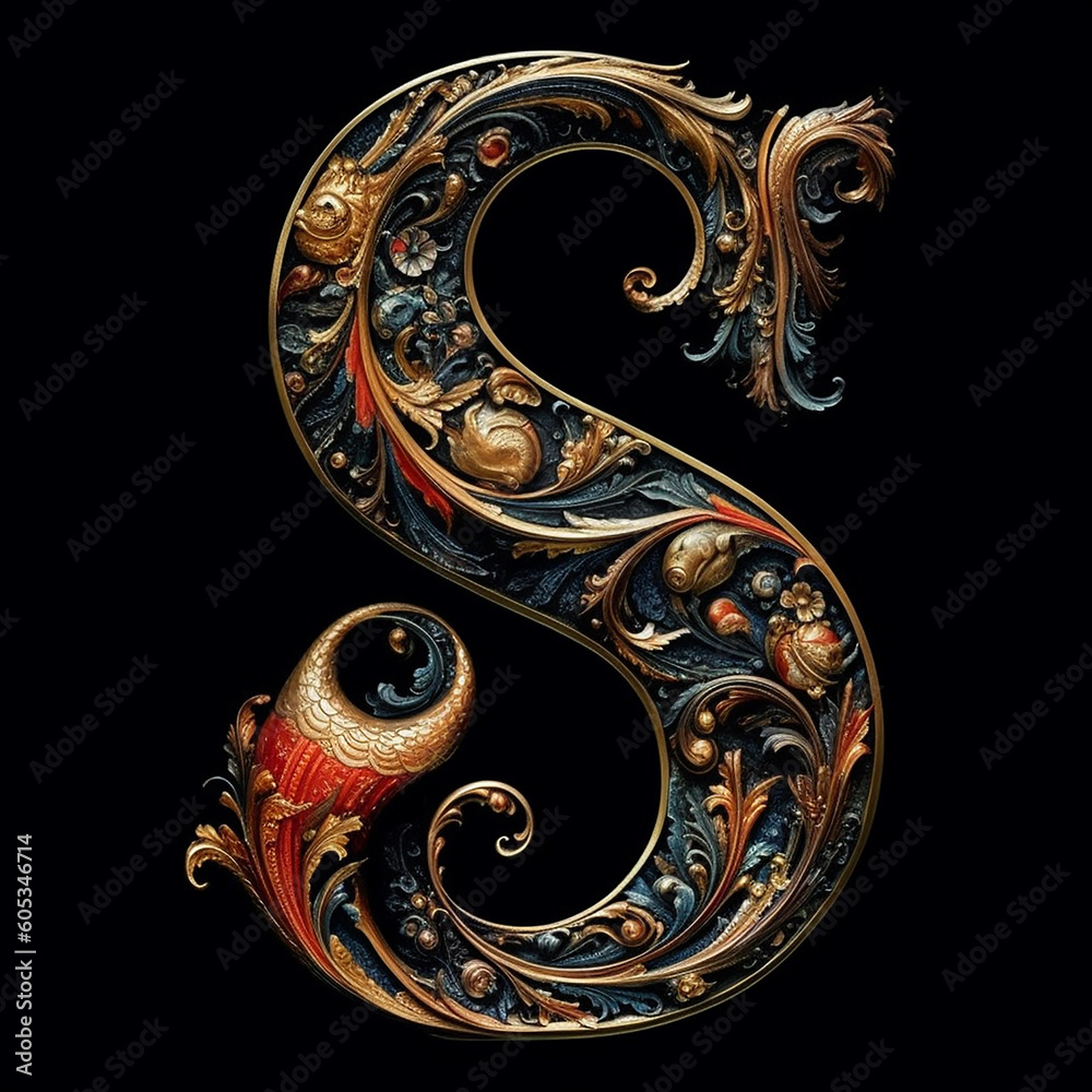 Obraz premium The letter S in a mythical way on black background,Generative AI 