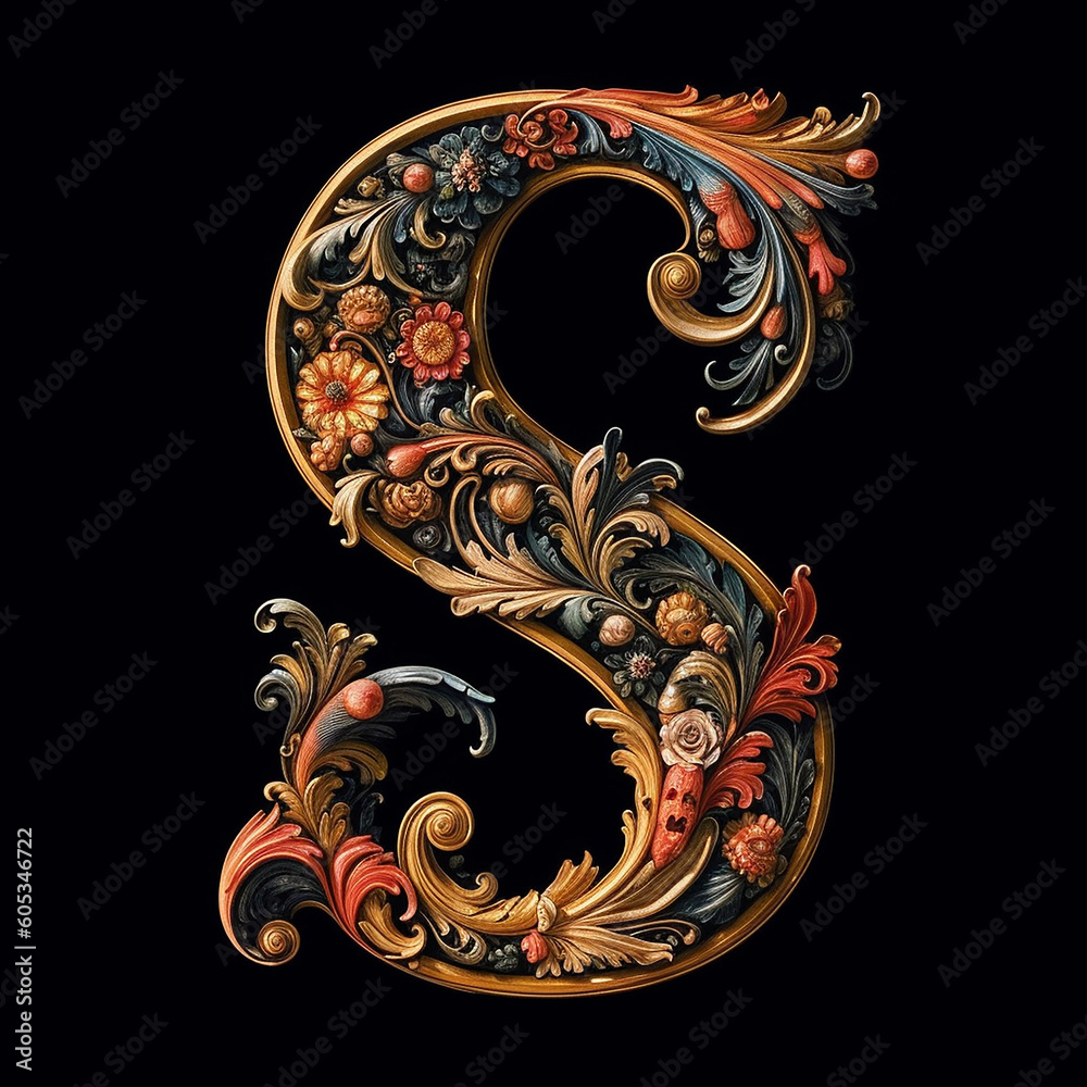 The letter S in a mythical way on black background,Generative AI 