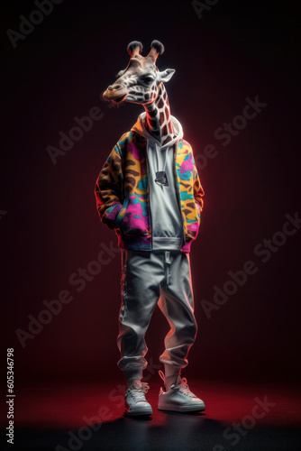 A giraffe dressed in a fashionable jacket and pants, standing out in the wildlife with its unique outfit. Humorous image merges fashion and nature in an anthropomorphic way. Is AI Generative.