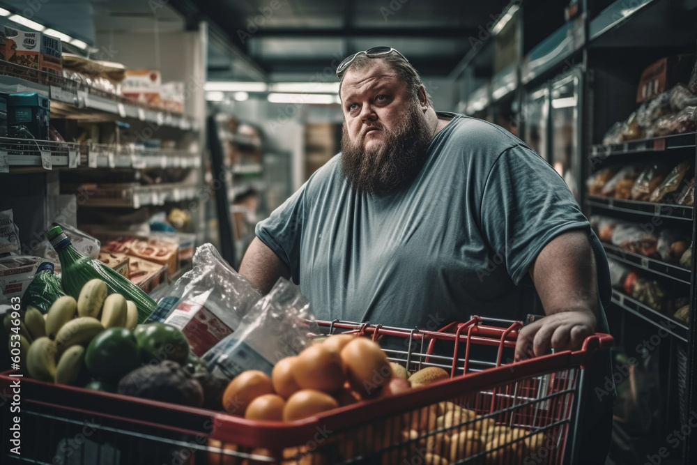 The idea of healthy eating and weight loss, a big man with a food trolley in a supermarket. Generative AI
