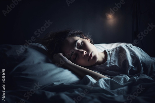 girl sleeping on the bed at night in the bedroom. Generative AI