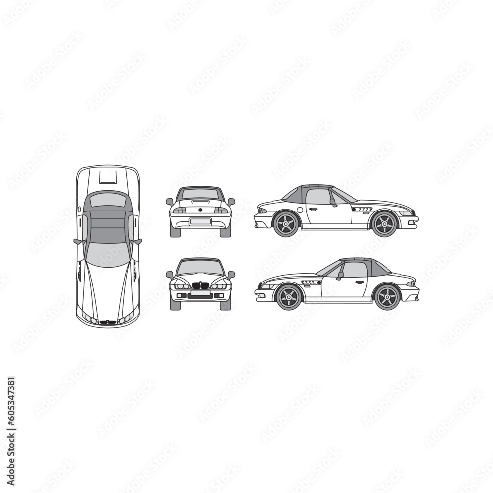 Obraz premium supercar outline, year 2001, isolated background, front, back, top and side view