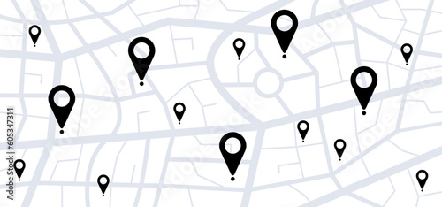 Cartoon map with pin pointers icon. Navigation or navigator, maps, road, direction arrow. Pins points mark. Pointer or point trekking route. track en trace city, street map. Markers, map locator idea.