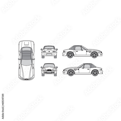 supercar outline, year 2001, isolated background, front, back, top and side view