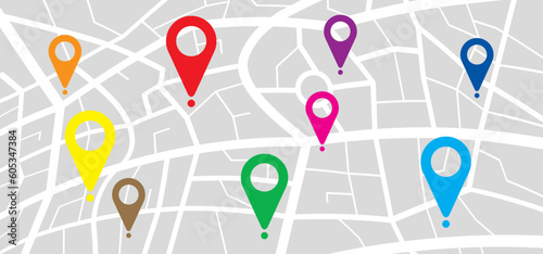Cartoon map with pin pointers icon. Navigation or navigator, maps, road, direction arrow. Pins points mark. Pointer or point trekking route. track en trace city, street map. Markers, map locator idea.