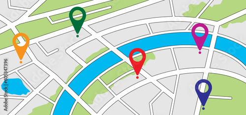 Cartoon map with pin pointers icon. Navigation or navigator, maps, road, direction arrow. Pins points mark. Pointer or point trekking route. track en trace city, street map. Markers, map locator idea.