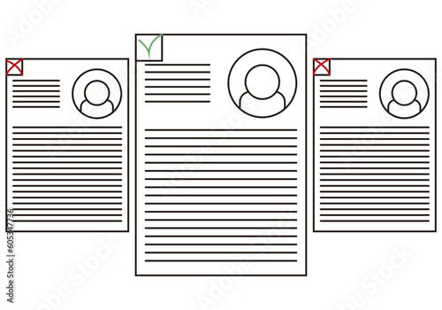 Icono de curriculum vitae siendo seleccionados y rechazados. 