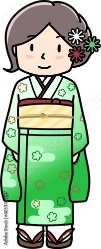 着物　振袖（緑）の女性イラスト　