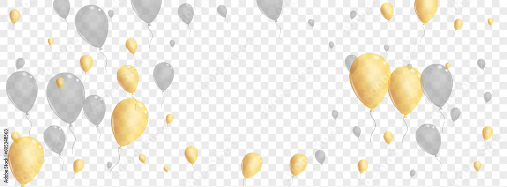 Gray Confetti Background Transparent Vector. Helium Graphic Design. Gold Symbol Surprise. Baloon Gift Border.