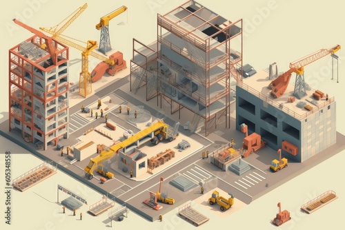 a construction site, with isometric and axonometric projections showing the various work stages, created with generative ai photo