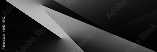  Black white abstract background. Geometric shape. Lines, triangles. 3d effect. Light, glow, shadow. Gradient. Dark grey, silver. Modern, futuristic. Web banner. Wide. Panoramic. 