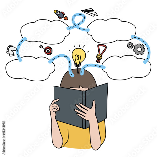 Mind Mapping woman reading book infographic chart cartoon vector illustration