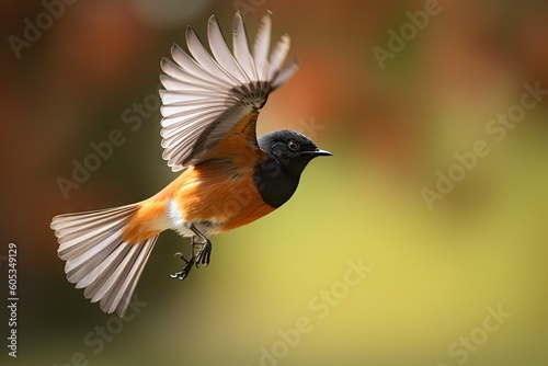 redstart flycatching in mid-flight, wings fluttering, created with generative ai photo