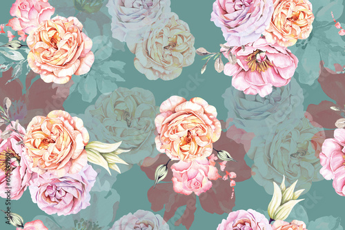Rose seamless pattern with watercolor.Designed for fabric and wallpaper, vintage style.Hand drawn floral pattern illustration.Blooming flower painting for summer.Botany background.