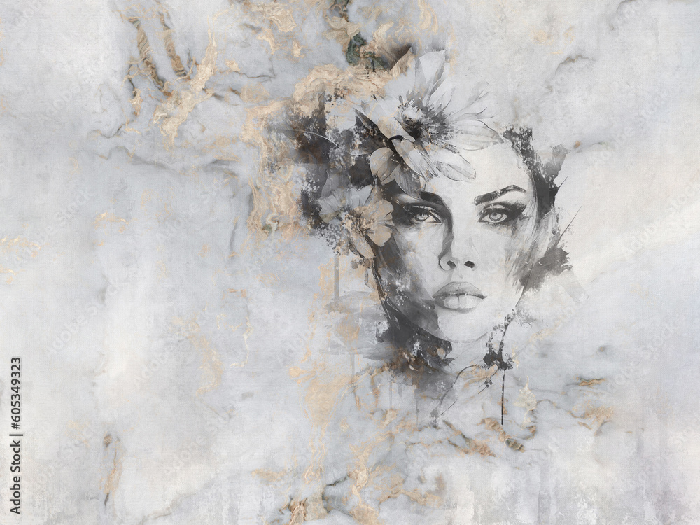 Beautiful woman's face with a flower on her head. Mural on marble. - obrazy, fototapety, plakaty 
