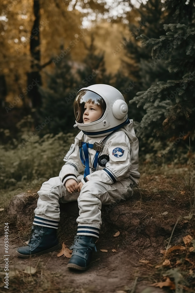 Small boy pretending to be an astronaut wearing a space helmet. Generative AI