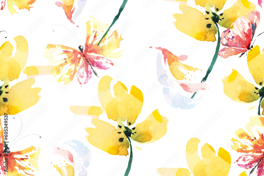 Flower and butterfly seamless pattern with watercolor.Designed for fabric and wallpaper, vintage style.Hand drawn floral pattern illustration.Blooming flower painting for summer.Abstract background.