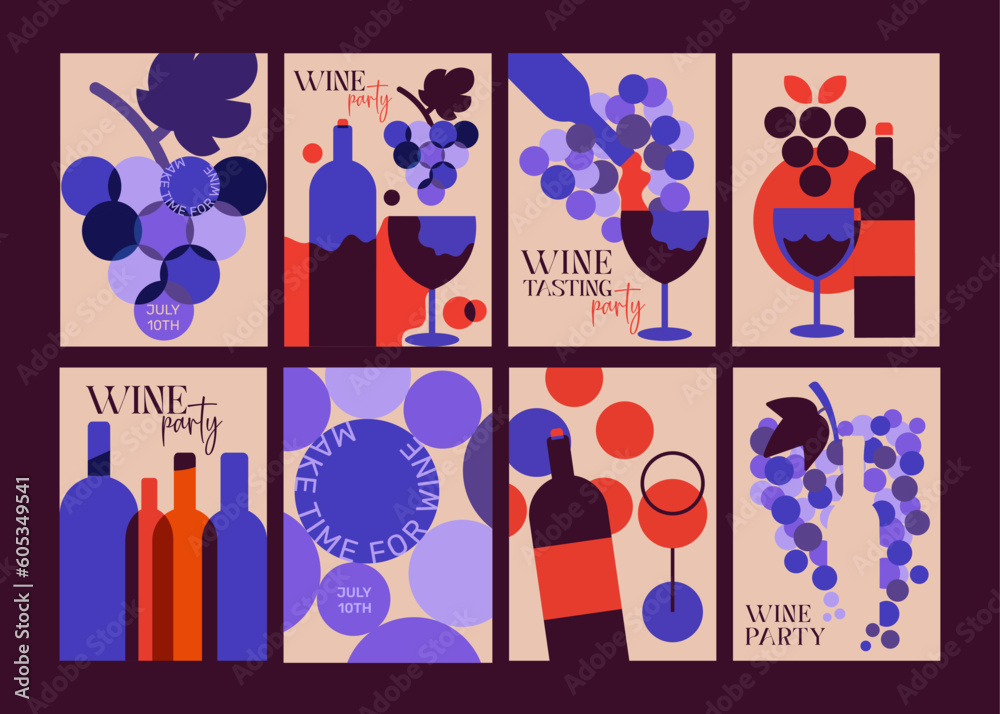 8 Posters for wine tasting party. The design is made of two main colors in burgundy - the color of wine, and purple - the color of grapes. Modern, restrained design will make your project complete!