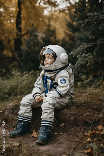 Small boy pretending to be an astronaut wearing a space helmet. Generative AI