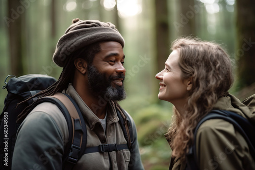 Mixed race couple of hikers walking by forest,. Generative ai