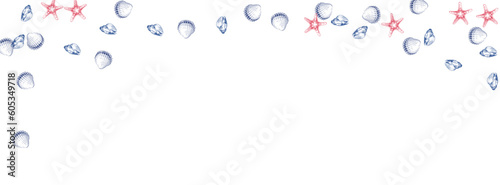 Gray Scallop Background White Vector. Shell Nautical Design. Whimsical Texture. Orange Starfish Exotic Pattern.