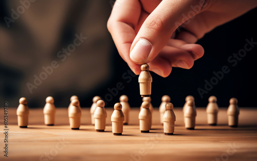 AI Generated: HR Manager Hand Choosing Person, Wooden Doll with White Face Smiling. Leader Standing Out from the Crowd. Recruitment and HR Concepts.