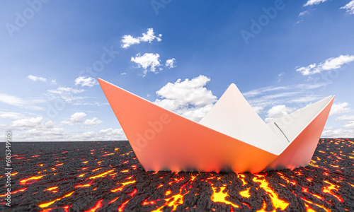 paper boat on a sea of lava and blue sky with clouds.