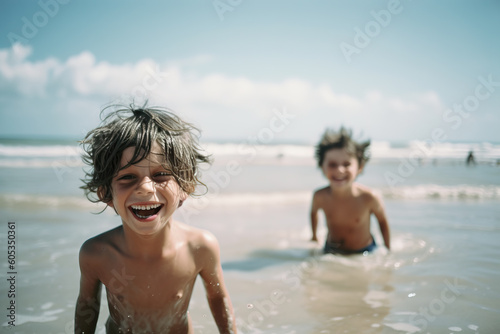 Two cheerful little kids having fun at the beach. Generative AI © artem