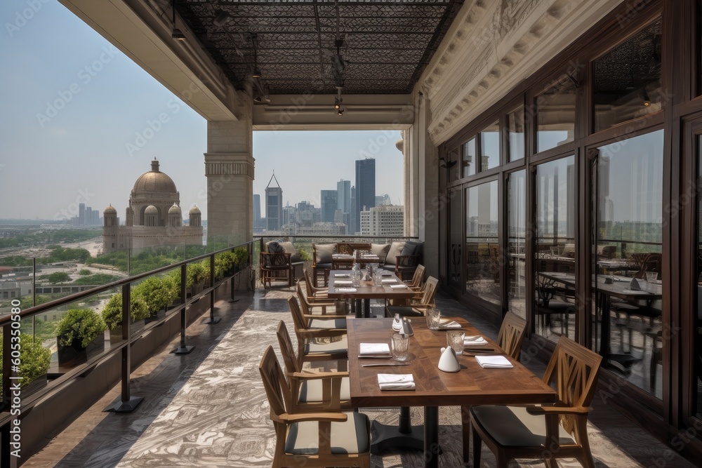 Φωτογραφία outdoor restaurant with view of city skyline, featuring a variety of internation
