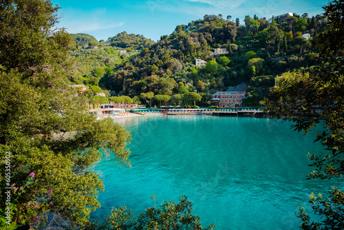 Beach in Paraggi village near Portofino in Liguria region of Italy