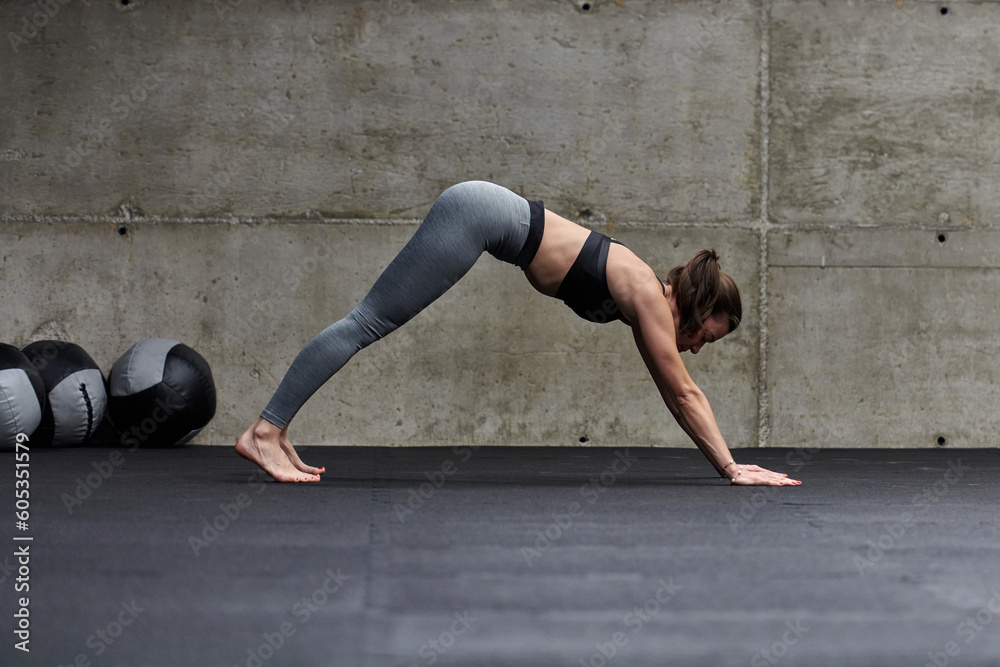 Fit woman in a modern gym working flexibility and strength through various exercises, demonstrating her commitment to fitness Fit woman in a modern gym working flexibility and strength through various exercises, demonstrating her commitment to fitness