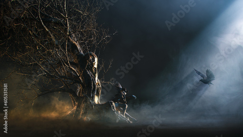 sorceress sitting on a weird throne covered with gold and black calling a crow flying in moonlight fog in a misty dark forest, noise and chromatic aberration for more realism, 3D rendering concept art