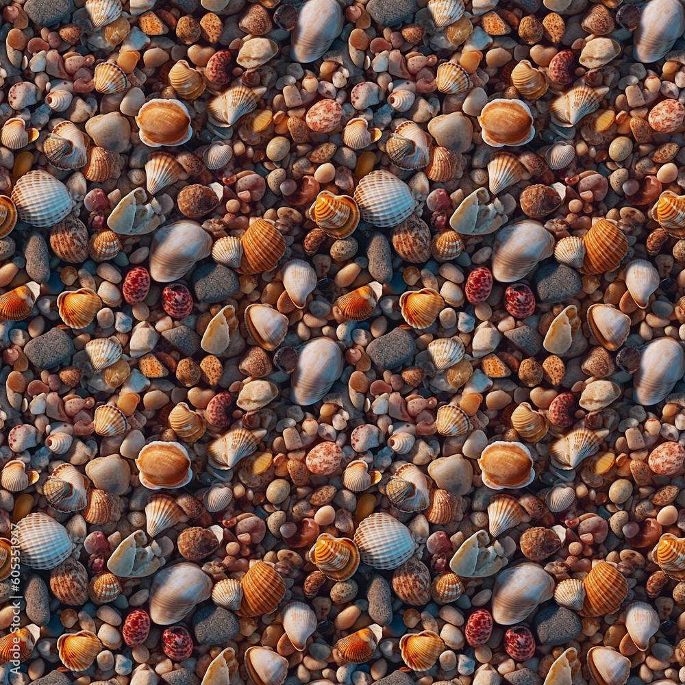 Seamless pattern: sea shells and pebbles on the sand. Realistic 3D illustration. Generated AI Seamless pattern: sea shells and pebbles on the sand. Realistic 3D illustration. Generated AI