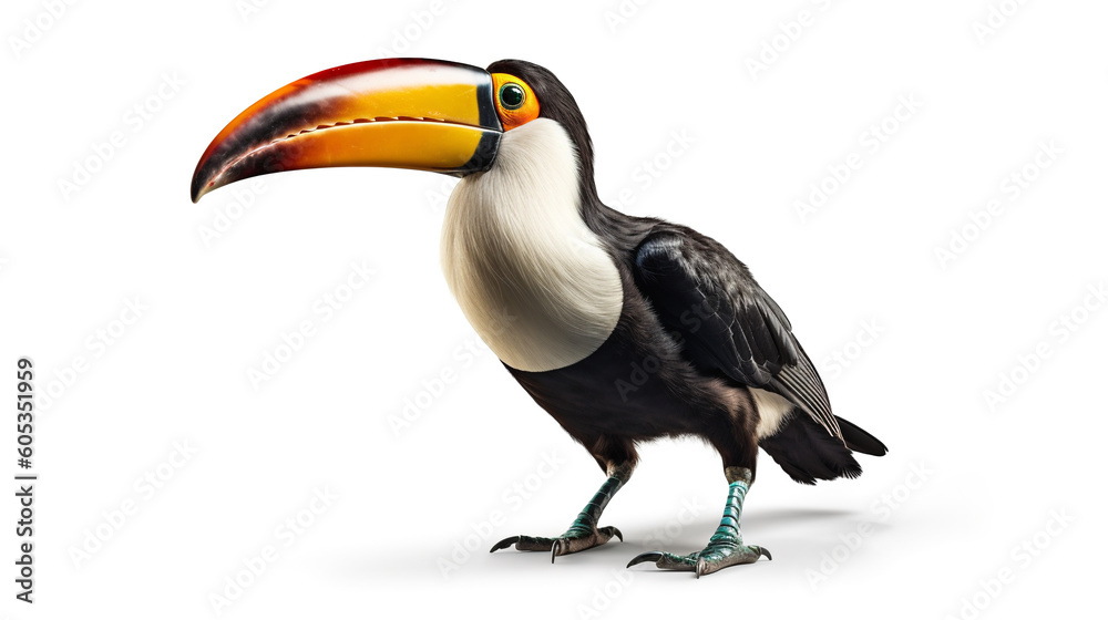 exotic colorful bird of the toucan family isolated on white background, generated by AI