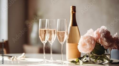 Glasses of rose wine. Still life with wine and peon flowers.	
 photo