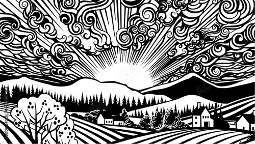 Rolling hills, fields and farm or vineyards background illustration. Forests and mountains in the background. In a vintage retro woodcut or lino print or linoleum cut style