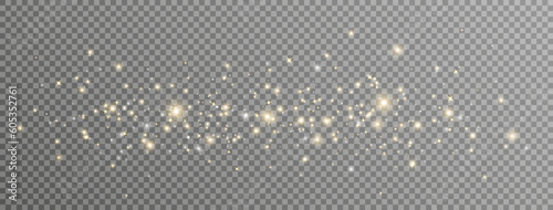 Golden light background. Glitter stars. Sparkle gold bokeh. Twinkle fairy bulb. Shine luxury banner. Christmas Holiday glow particle. Magic star effect. Festive party design. Vector illustration