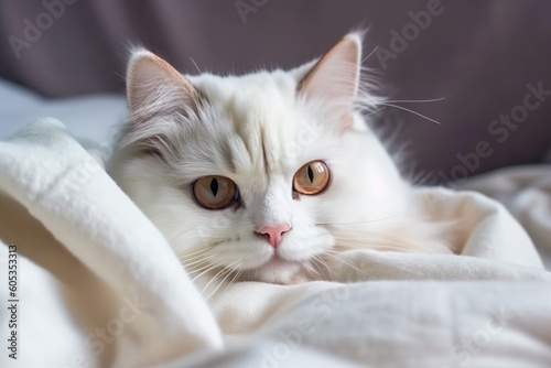 White Kitten Sleeping. Kitty Sleeping on a Fur White Blanket. Baby Cat Sleeping. Concept adorable pets cats. 