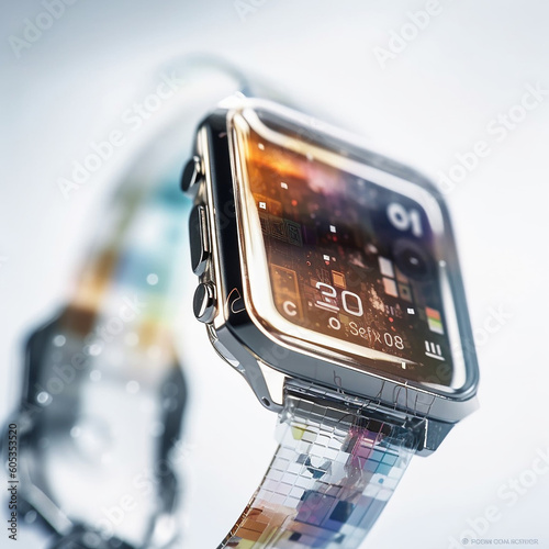 Close-up translucent square smart watch, bokeh effect, studio shot, white background and smart technology