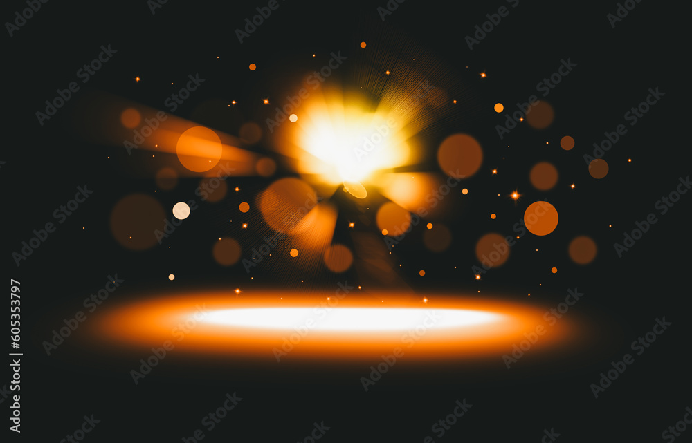 Gold glitter lights show on stage with bokeh elegant lens flare abstract background. Dust sparks background.