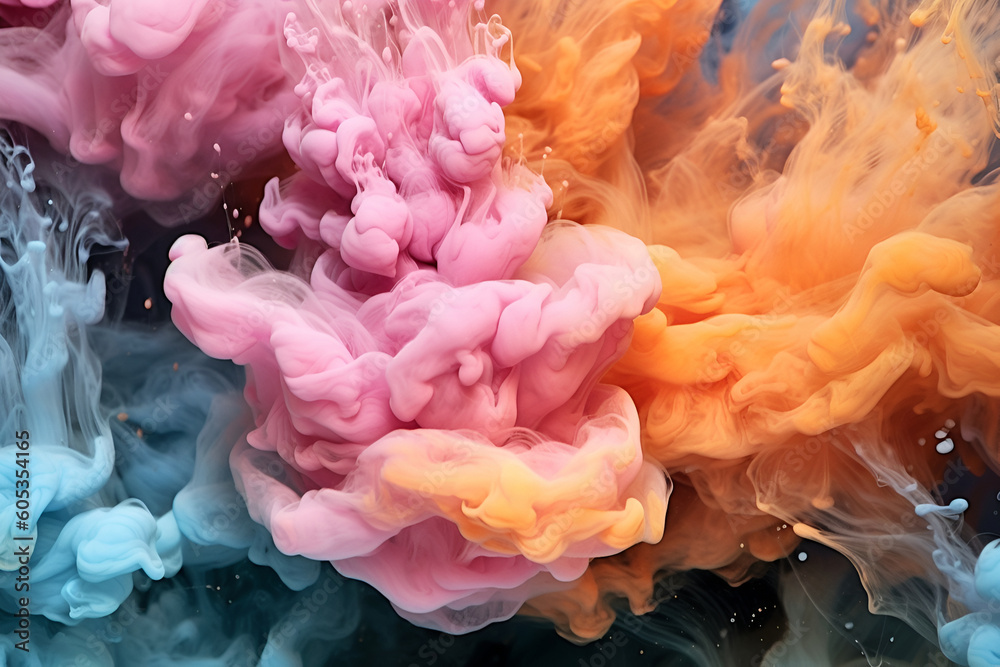 Obraz premium Abstract creative template. Acrylic ink in water with smoke. Pastel pink orange blue aqua violet swirling fog abstract background vibrant colours wallpaper mix.