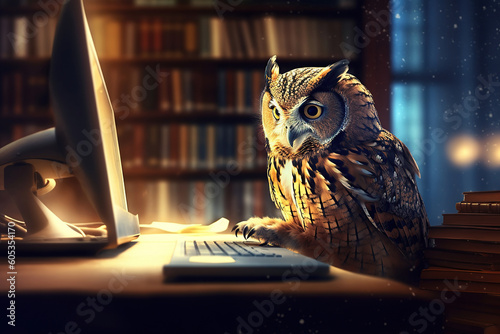 Image of an owl working on a laptop in the library at night. Anthropomorphic concept.