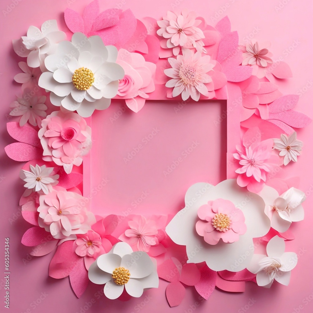 Many flowers made of paper on pink_background, AI generation Many flowers made of paper on pink_background, AI generation
