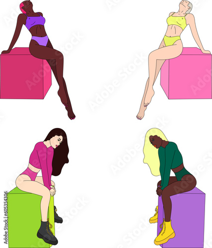 illustration girl toasty yoga sport asana orange background pose smile black white sketch art print drawing decorative shape standing pose figure pink purple set pattern print
