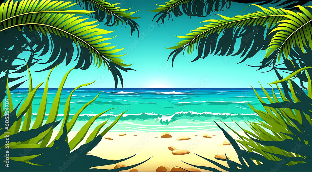 Fototapeta premium Summer background with sea or ocean beach, palm tree leaves and free space for text, generative ai