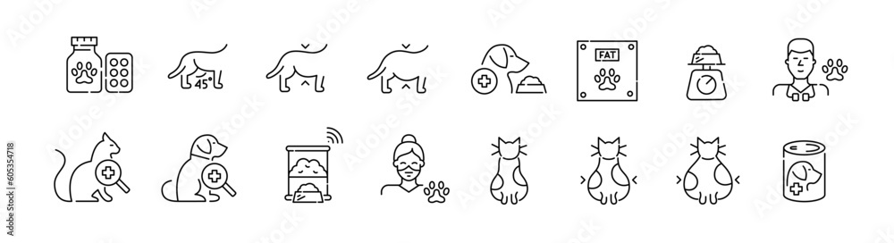 Obraz premium Pet obesity criteria. Veterinary healthcare, special weight loss food. Pixel perfect, editable stroke icons set