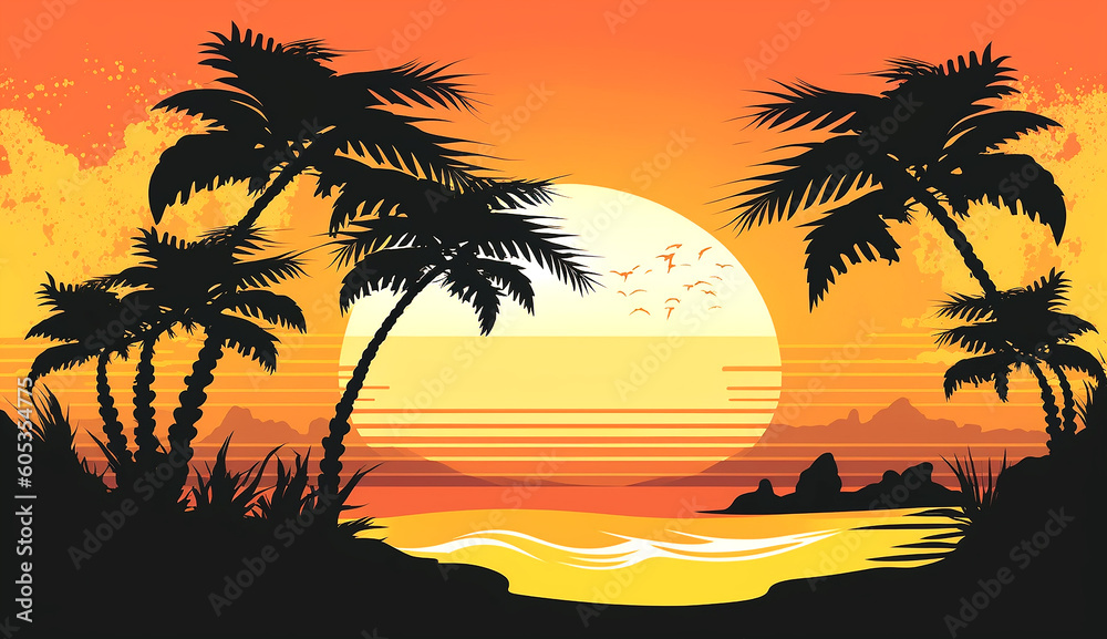 Summer holiday background with palm trees silhouettes on sunset tropical beach, generative ai